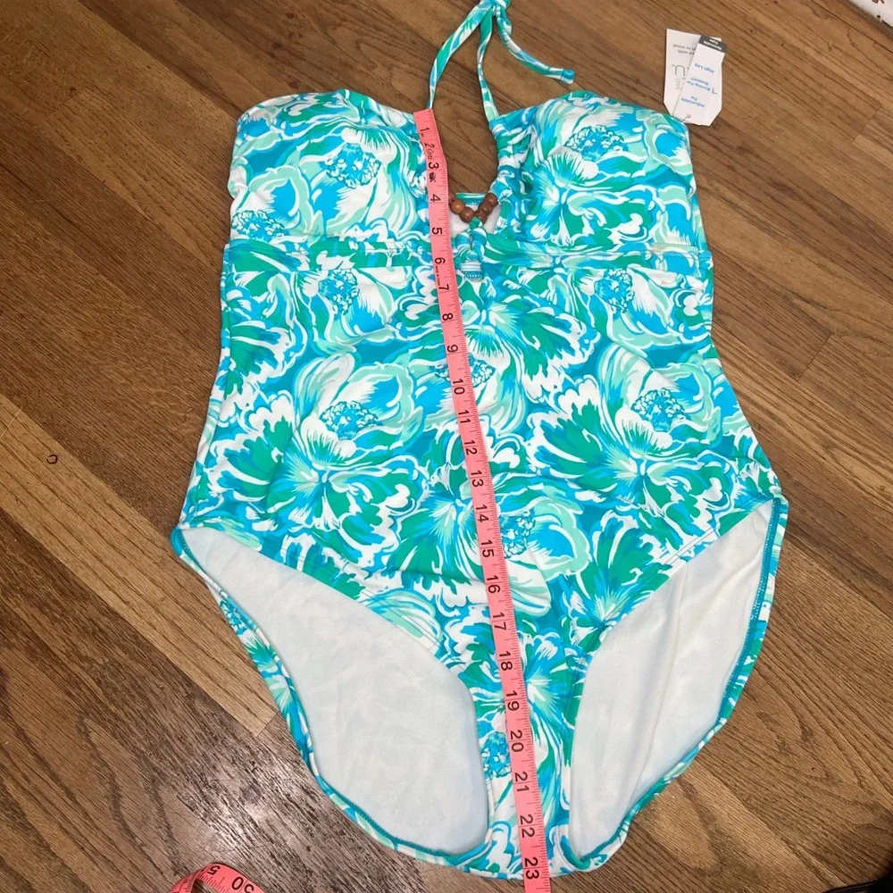 Time and Tru Blue Green Floral Halter One Piece Swimsuit XL‎ 16-18